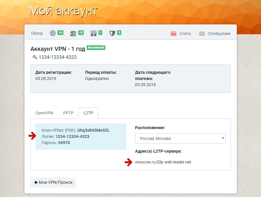 Информация аккаунта VPN
