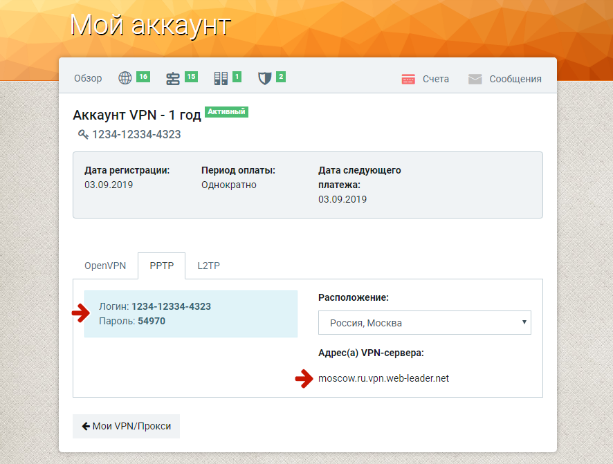 Информация аккаунта VPN